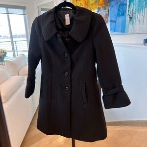 AQUA Black Textured A-Line Coat 3/4 Bell Sleeves Peter Pan Collar Sz 4
